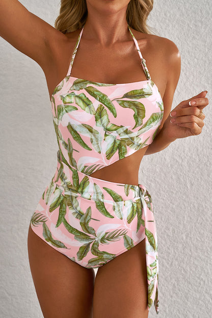 Pink Tropical Asymmetric One Piece Swimwear