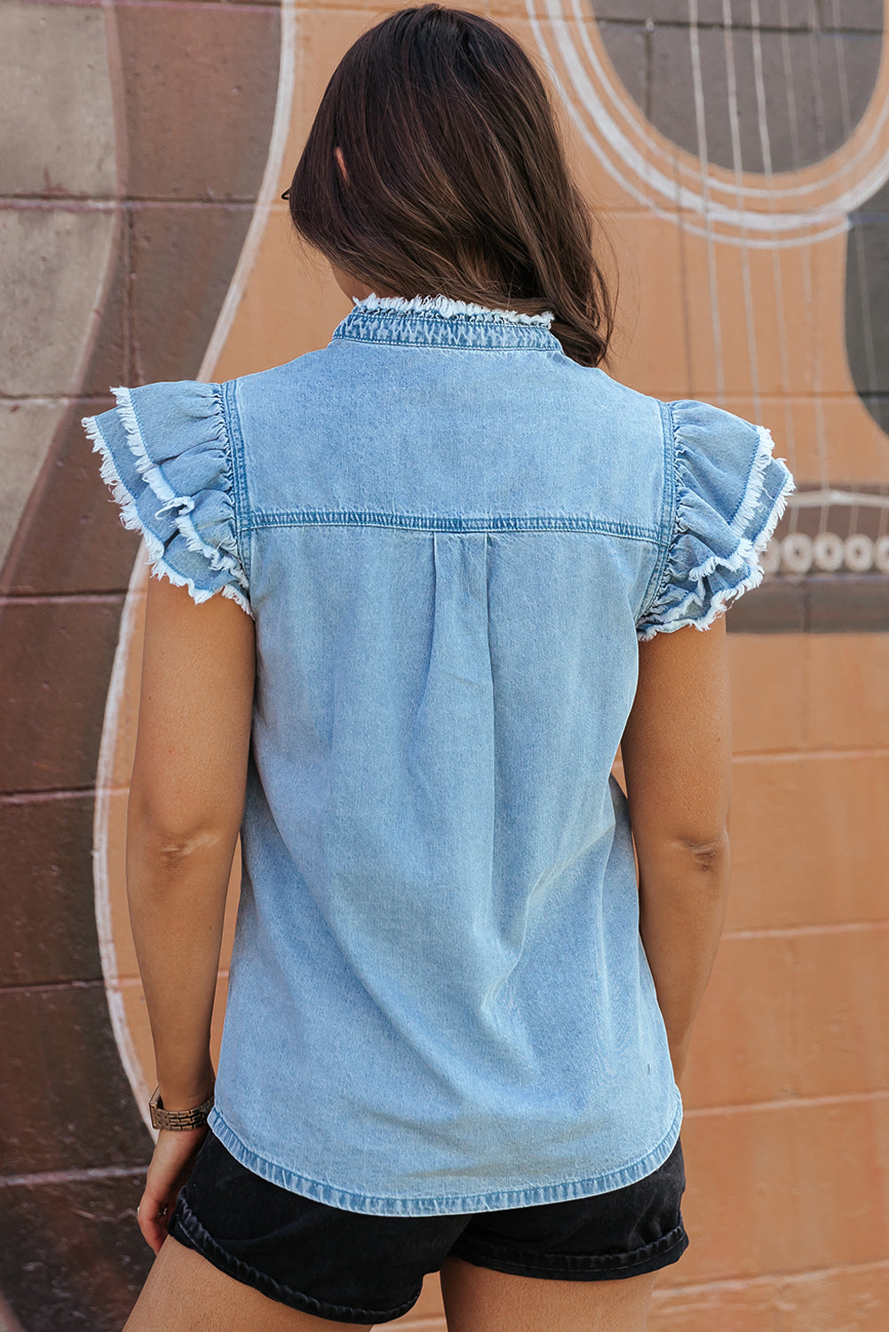 Beau Blue Flutter Frayed Denim Blouse