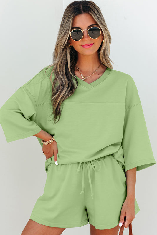 Green V Neck Half Sleeve Tee and Shorts