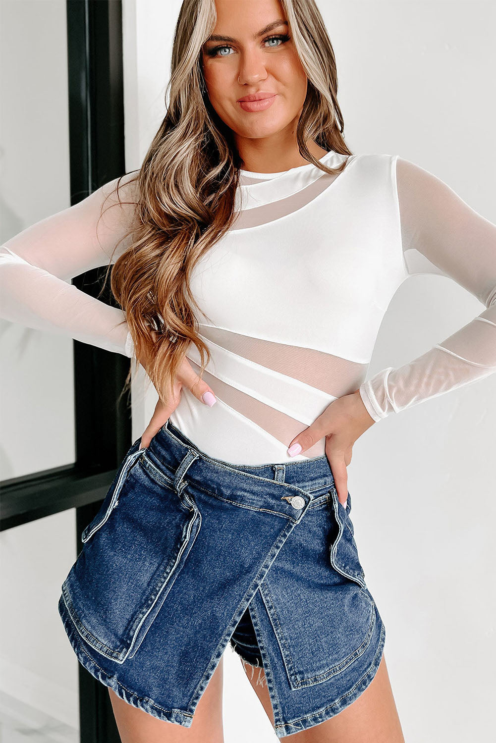 White Mesh Cutout Bodysuit