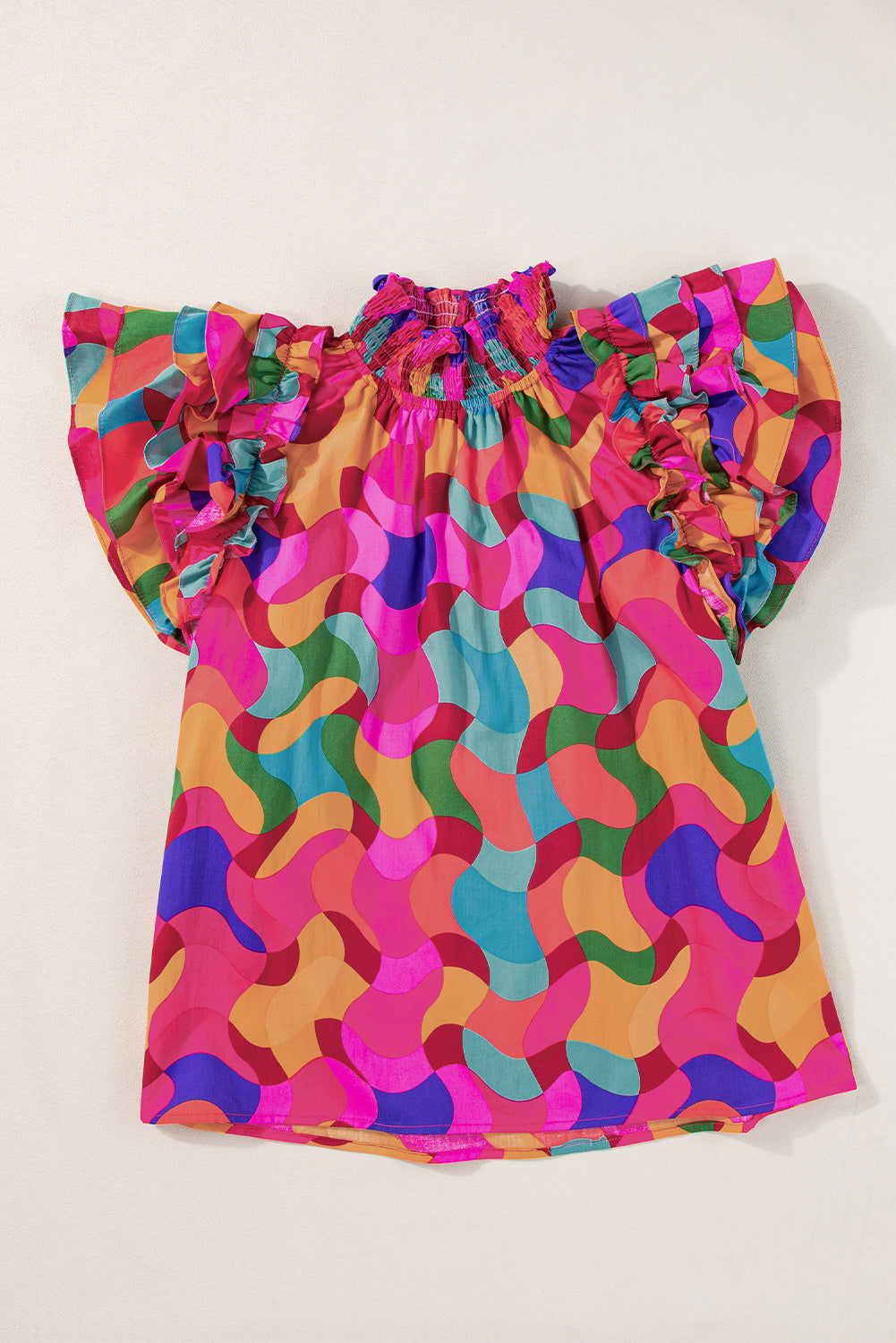 Rose Ruffle Wavy Print Top