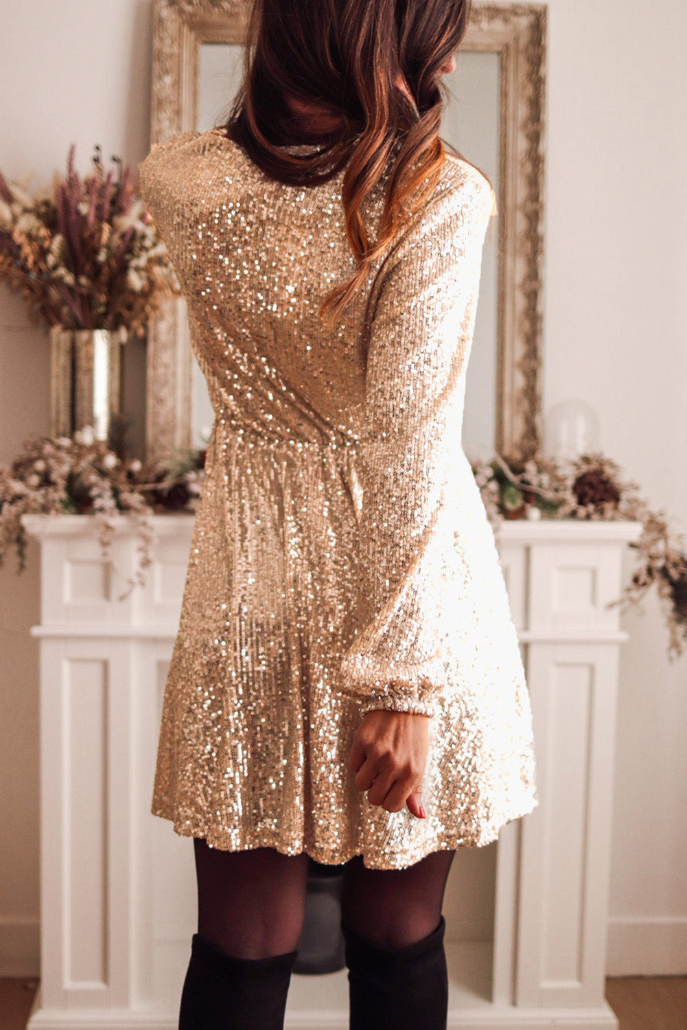 Apricot V-neck Sequin Dress