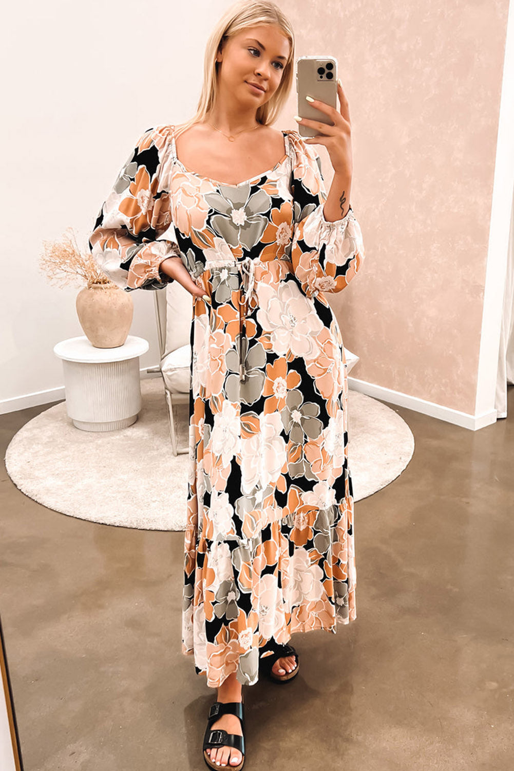 Beige Bold Floral Maxi Dress