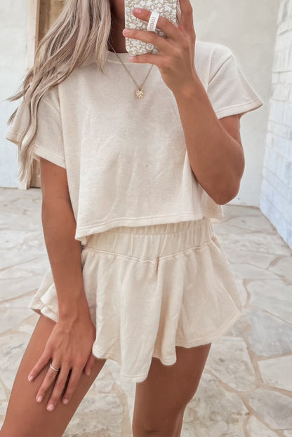 Beige 2pcs Cropped Tee and Skort Set