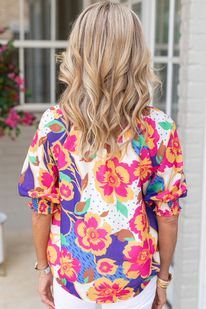 Rose Floral Bubble Sleeve Blouse