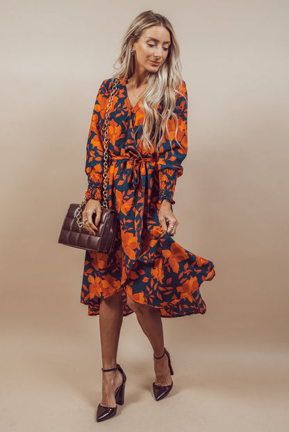 Orange Floral Faux Wrap Dress