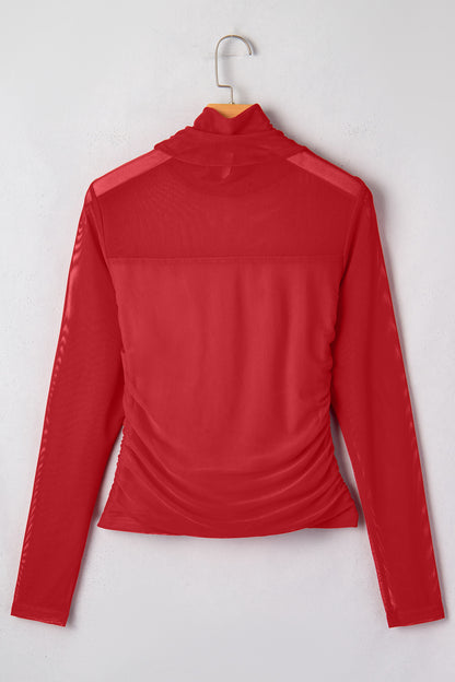 Red Sheer Mesh Long Sleeve Top