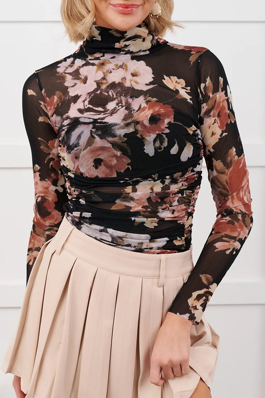 Brown Floral Mesh Long Sleeve Bodysuit