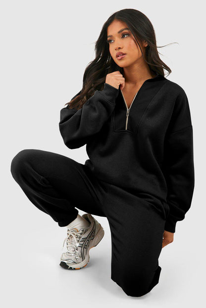 Black Plain Half Zip V Neck Tracksuit