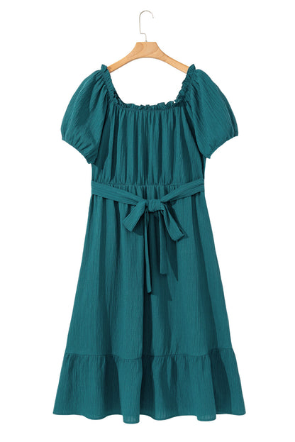 Teal Frilled U Neck Plus Size Midi Dress