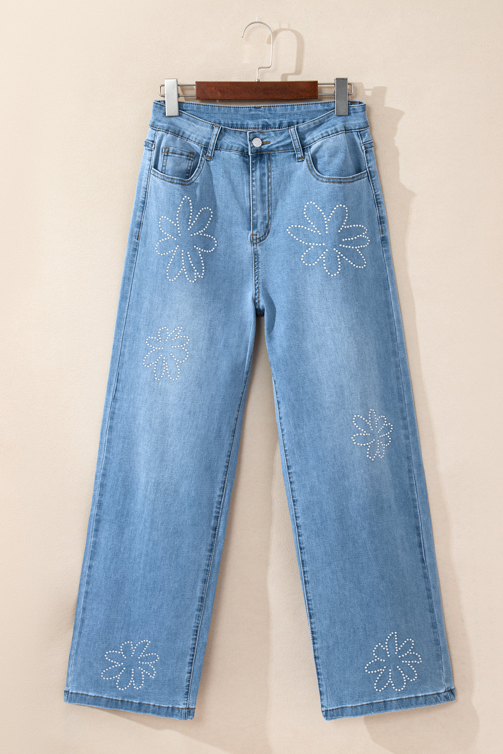 Light Blue Floral Rhinestone Wide Leg Jeans