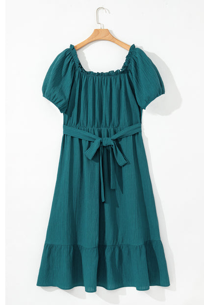 Teal Frilled U Neck Plus Size Midi Dress