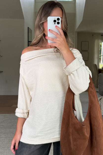 Waffle Knit Asymmetric Long Sleeve Top