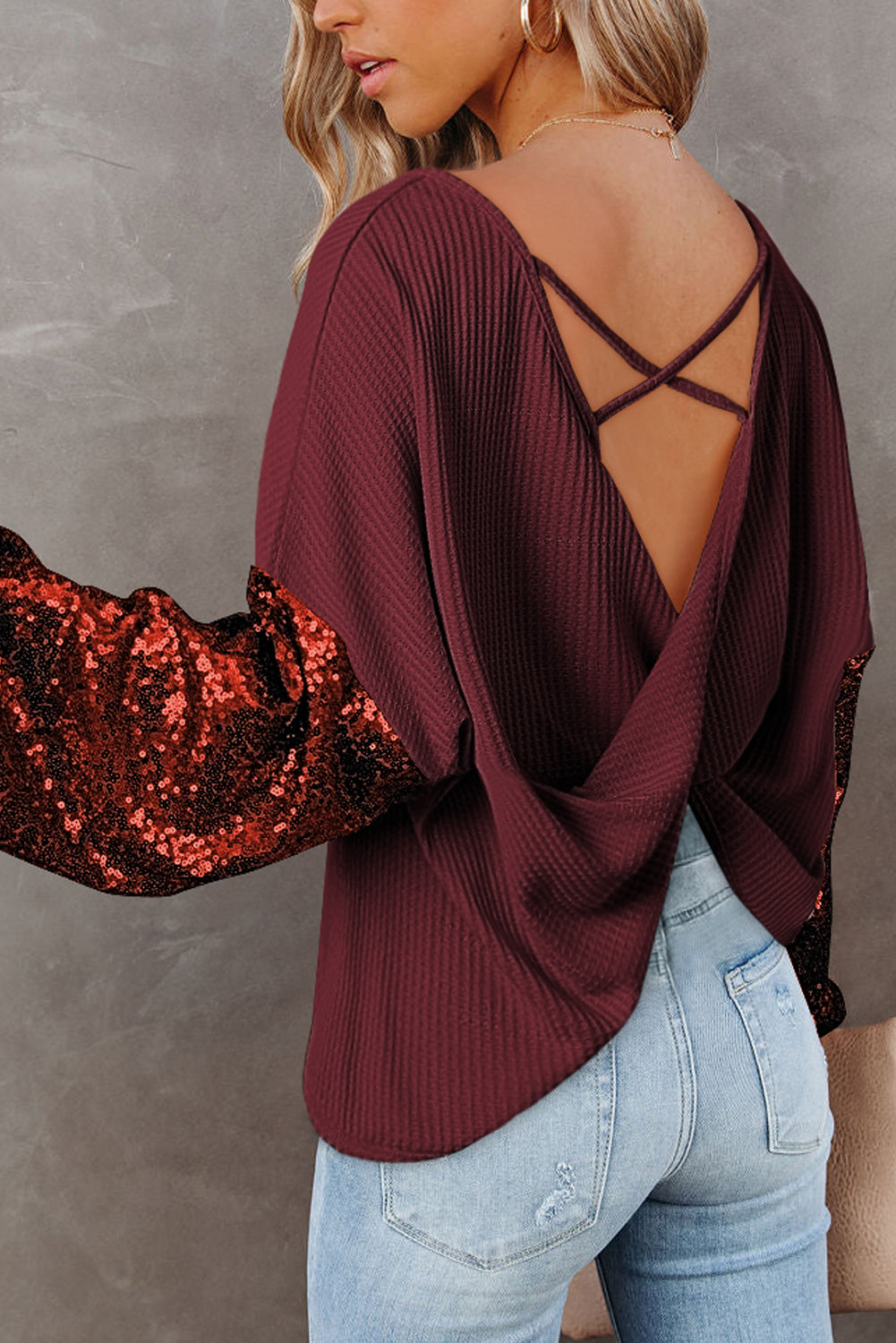 Sequin Open Back Knit Top