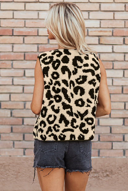 Black Leopard Print Sherpa Vest