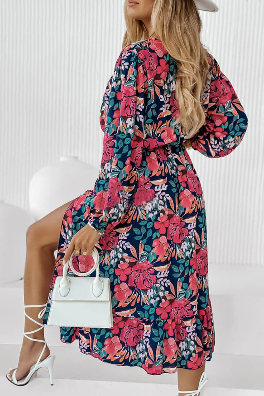 Floral V Neck High Waist Dress