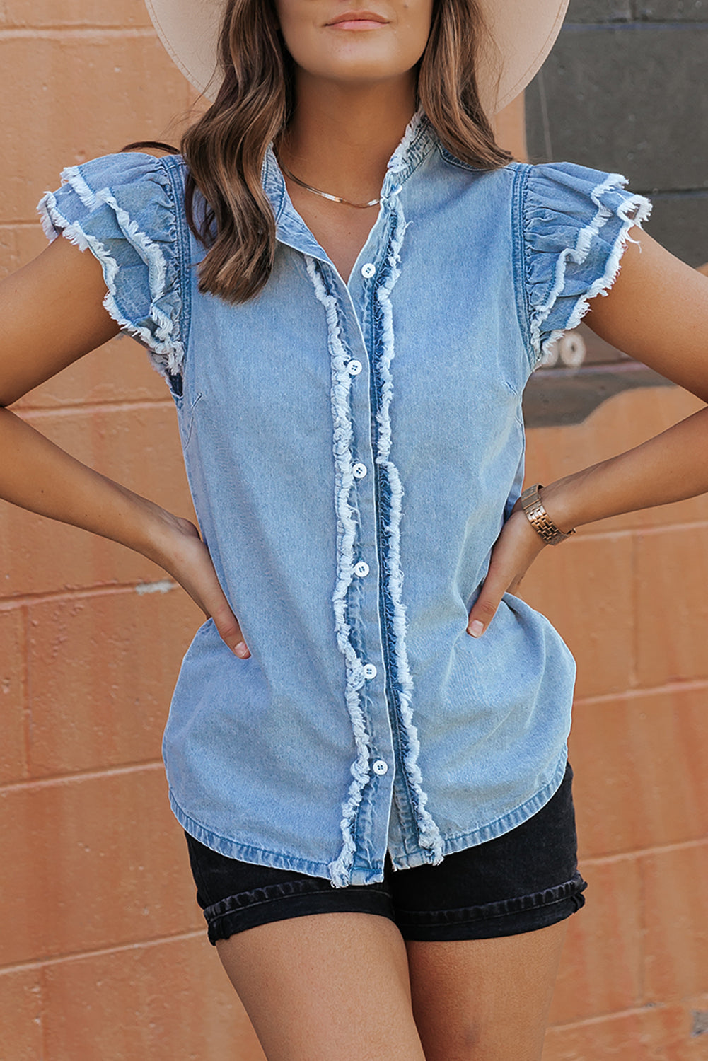 Beau Blue Flutter Frayed Denim Blouse