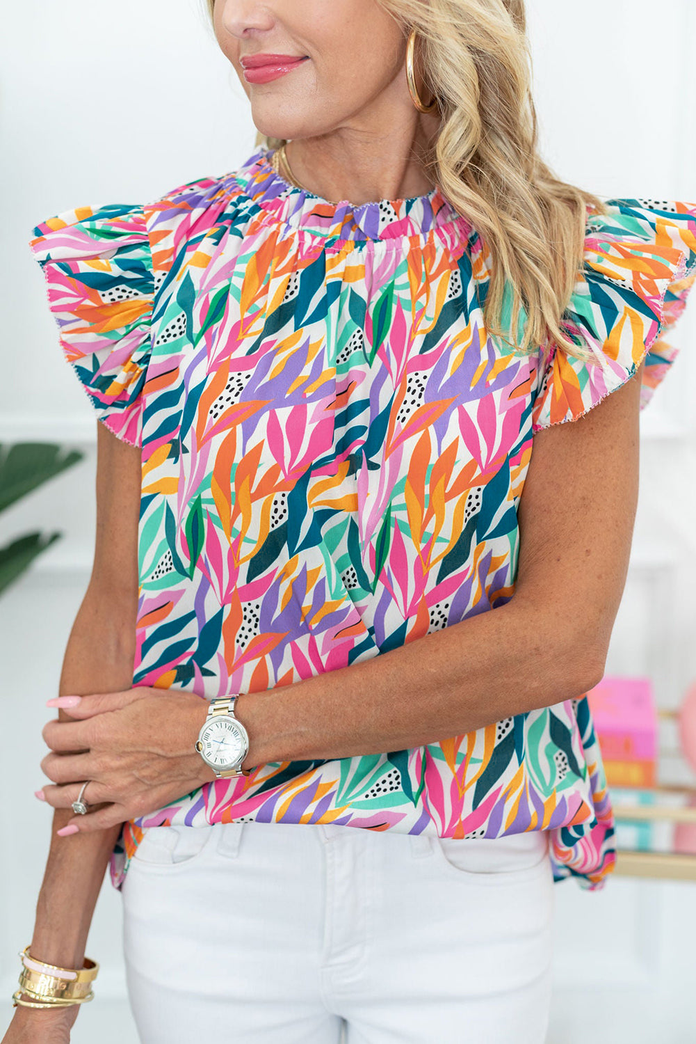 Pink Floral Print Flutter Sleeve Blouse