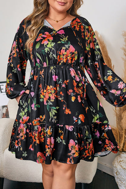 Black Plus Size Floral Long Sleeve Mini Dress