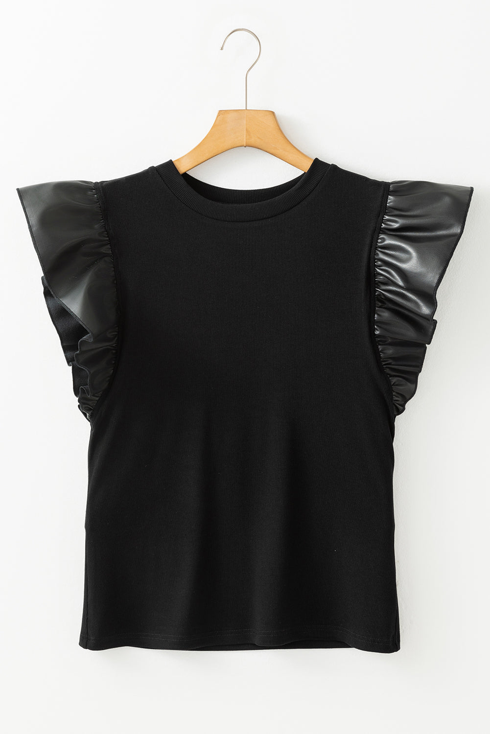 Black Leather Ruffle Sleeve Blouse