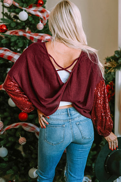 Sequin Open Back Knit Top