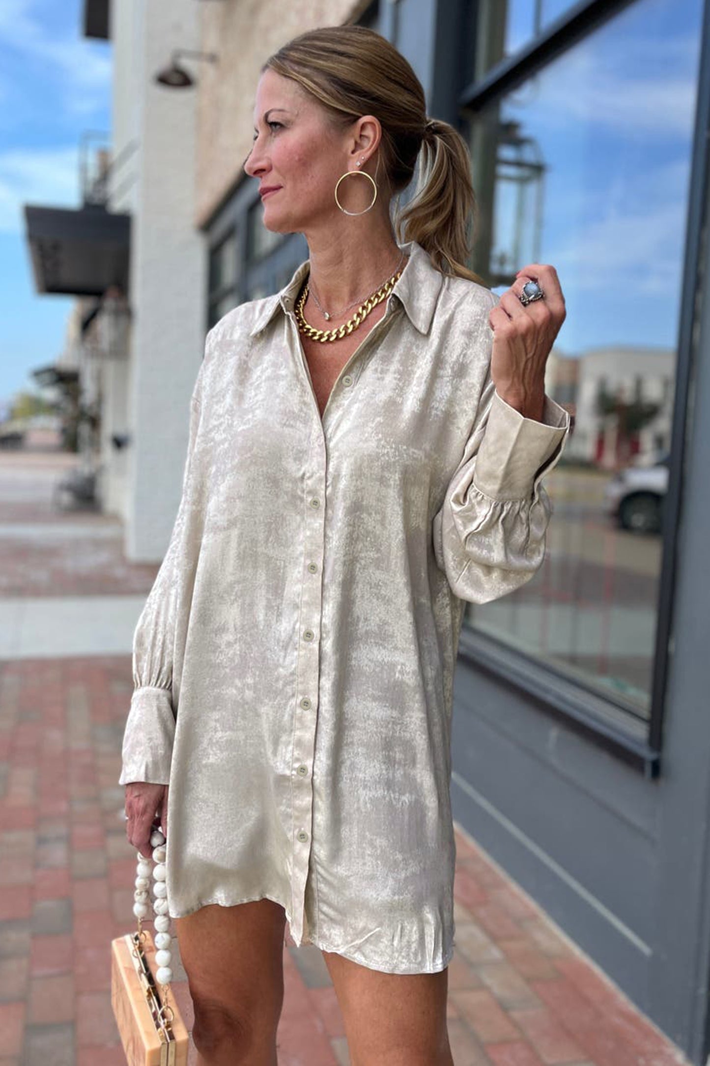 Champagne Mini Long Sleeve Shift Dress