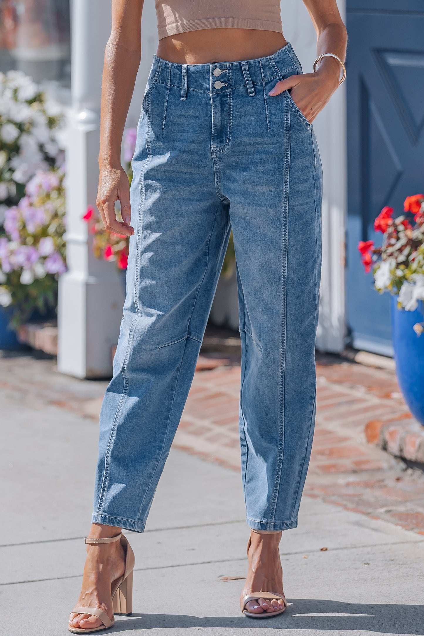 Sky Blue Cuffed Barrel Jeans