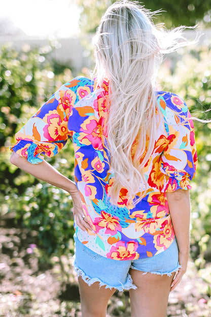 Rose Floral Bubble Sleeve Blouse