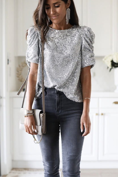 Silver Short Ruched Puff Sleeve Sequin Top