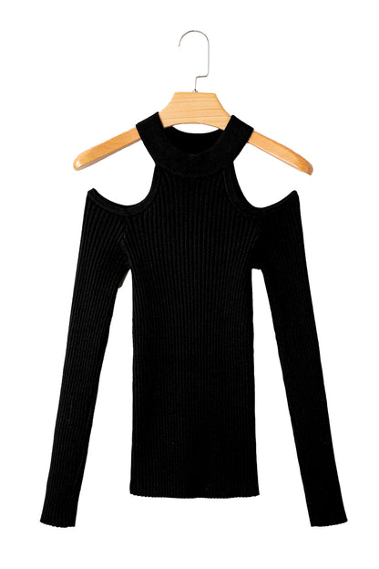 Black Ribbed Cold Shoulder Sweater