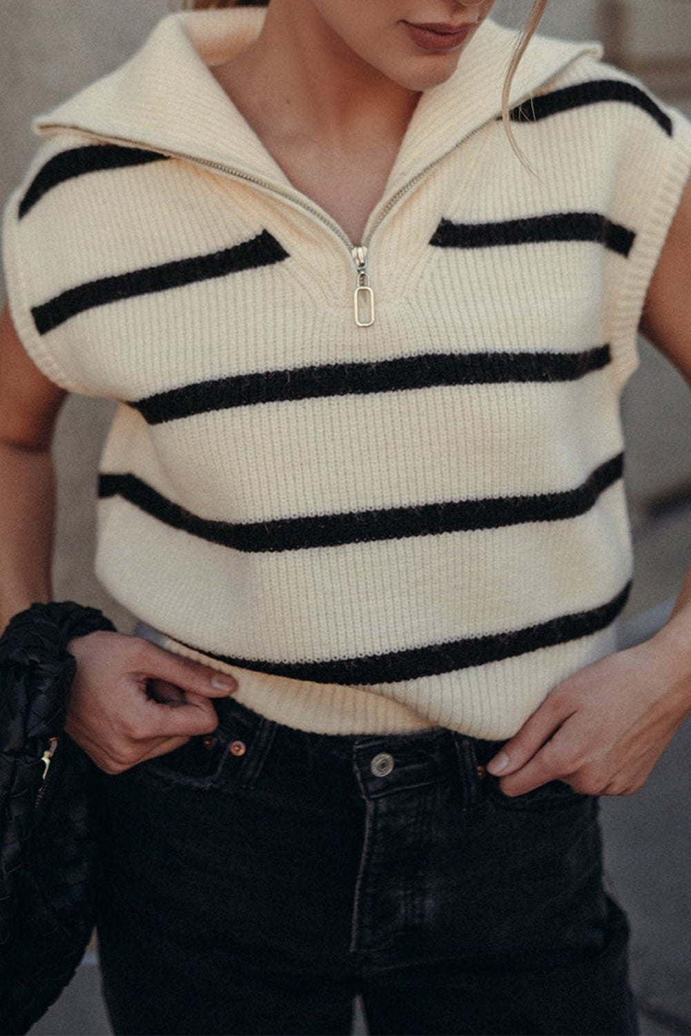 Stripe Zipped Collar Knit Top