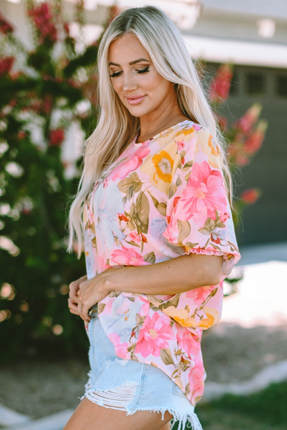 Pink Loose Fit Floral Blouse