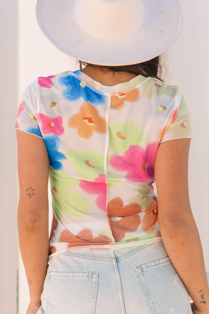 Multicolour Floral Mesh Crop T Shirt