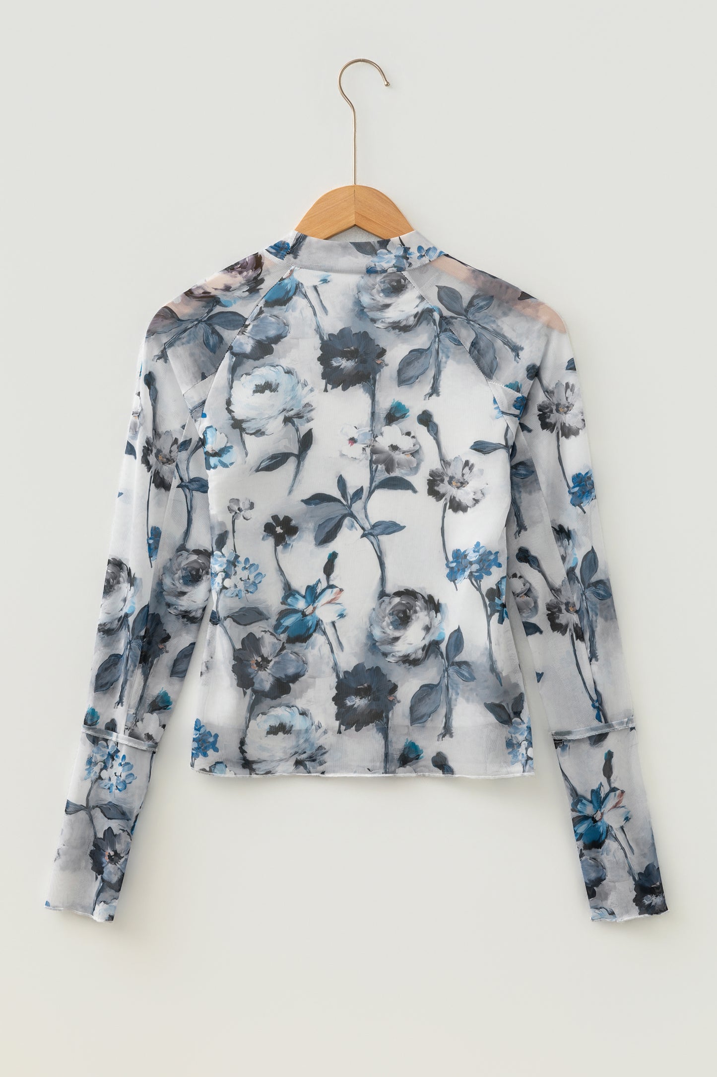 Sky Blue Floral Mesh Long Sleeve Top