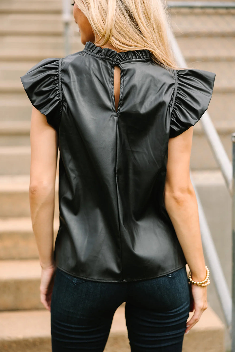 Black PU Leather Ruffle Trim Blouse