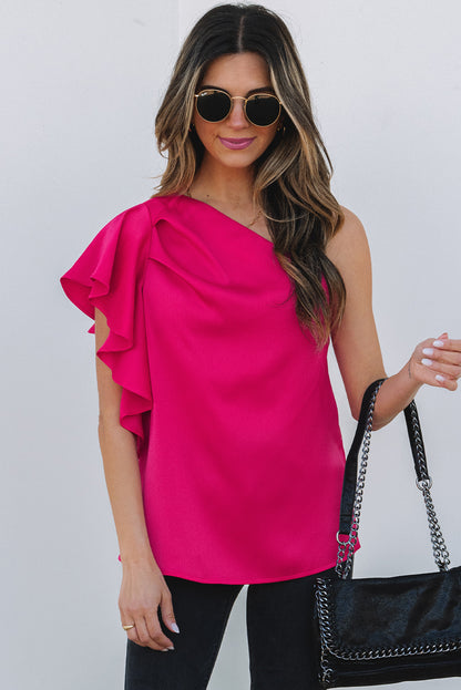 Pink Asymmetric Shoulder Ruffle Blouse