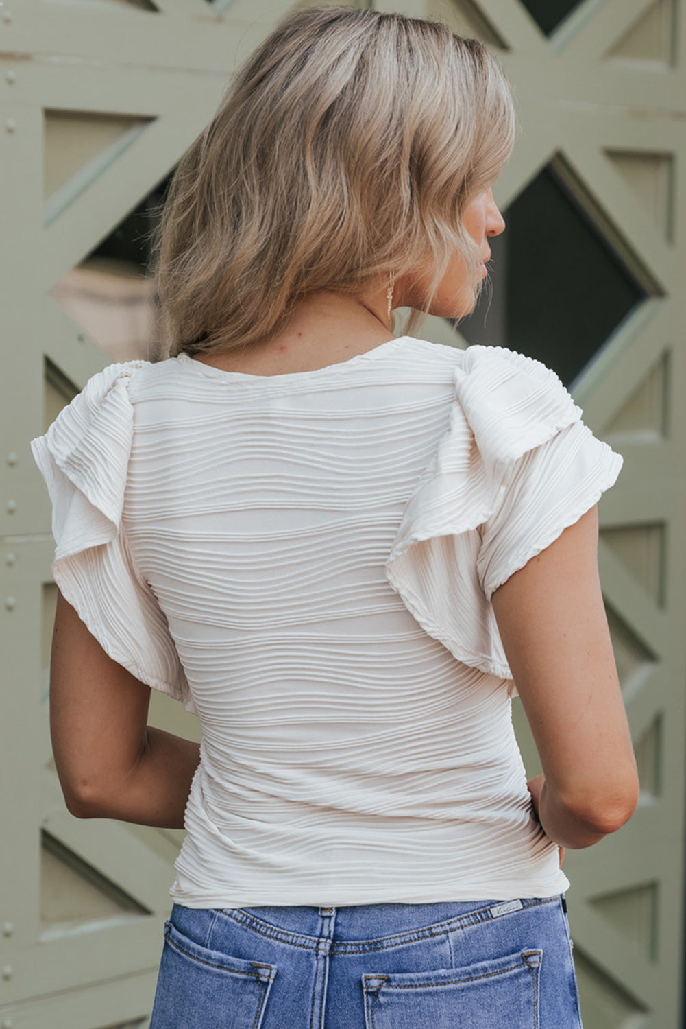 White Wavy Textured Ruffle Top