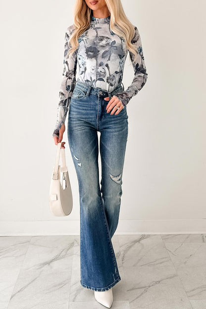 Sky Blue Floral Mesh Long Sleeve Top