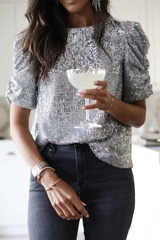 Silver Short Ruched Puff Sleeve Sequin Top