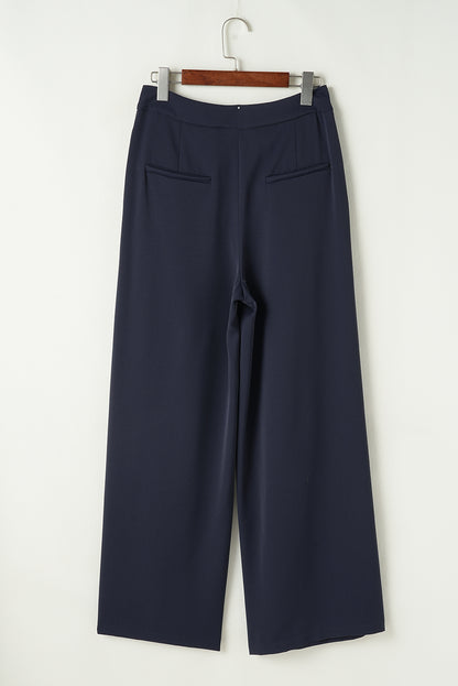 Navy Blue High Waist Pleated Wide Leg Pants
