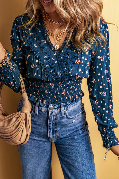 Blue Lace Floral Smocked Blouse