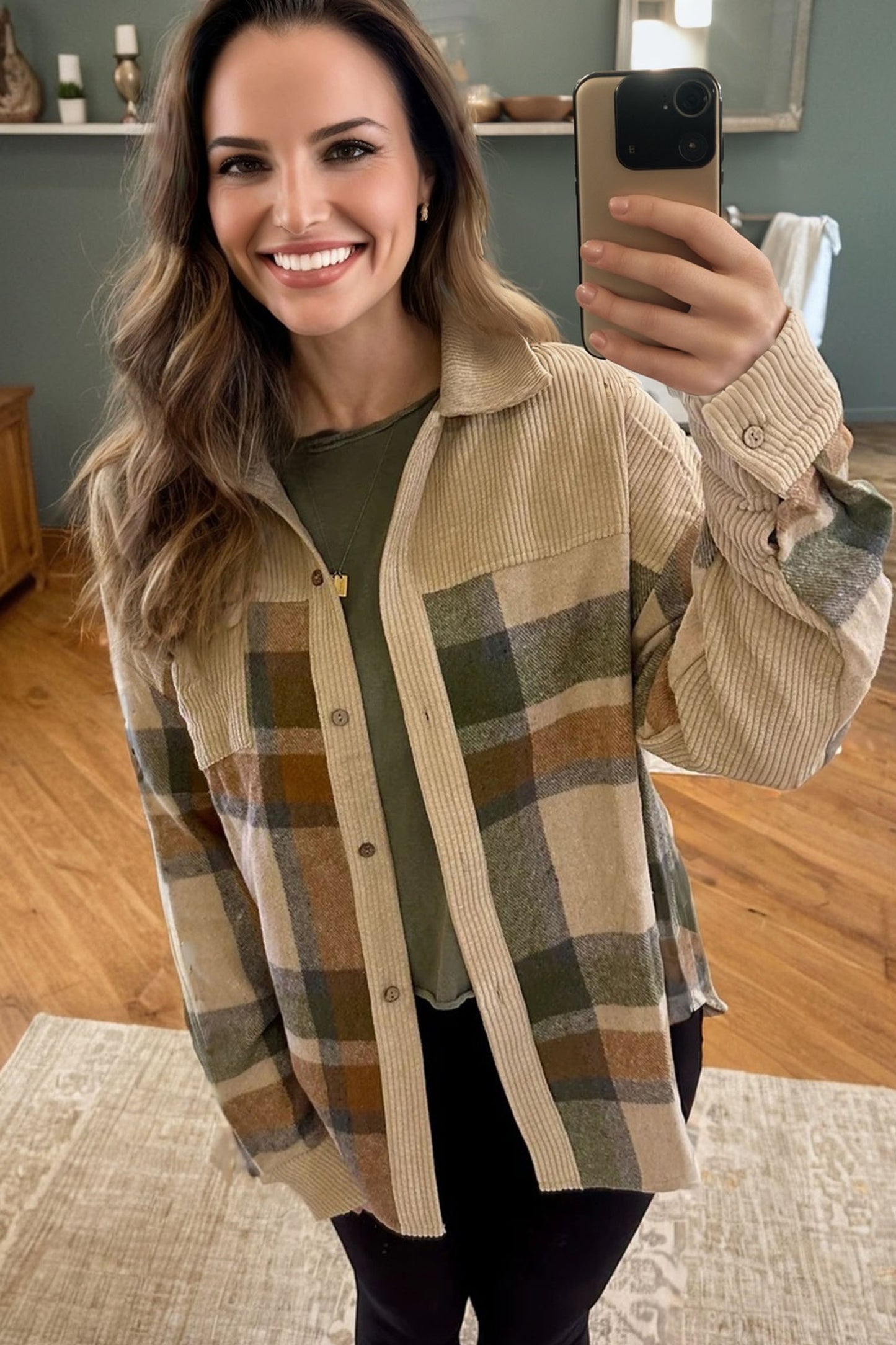Beige Plaid Corduroy Shacket
