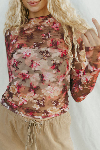 Red Floral Sheer Mesh Long Sleeve Top