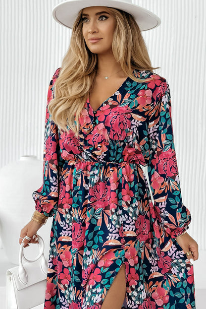 Floral V Neck High Waist Dress