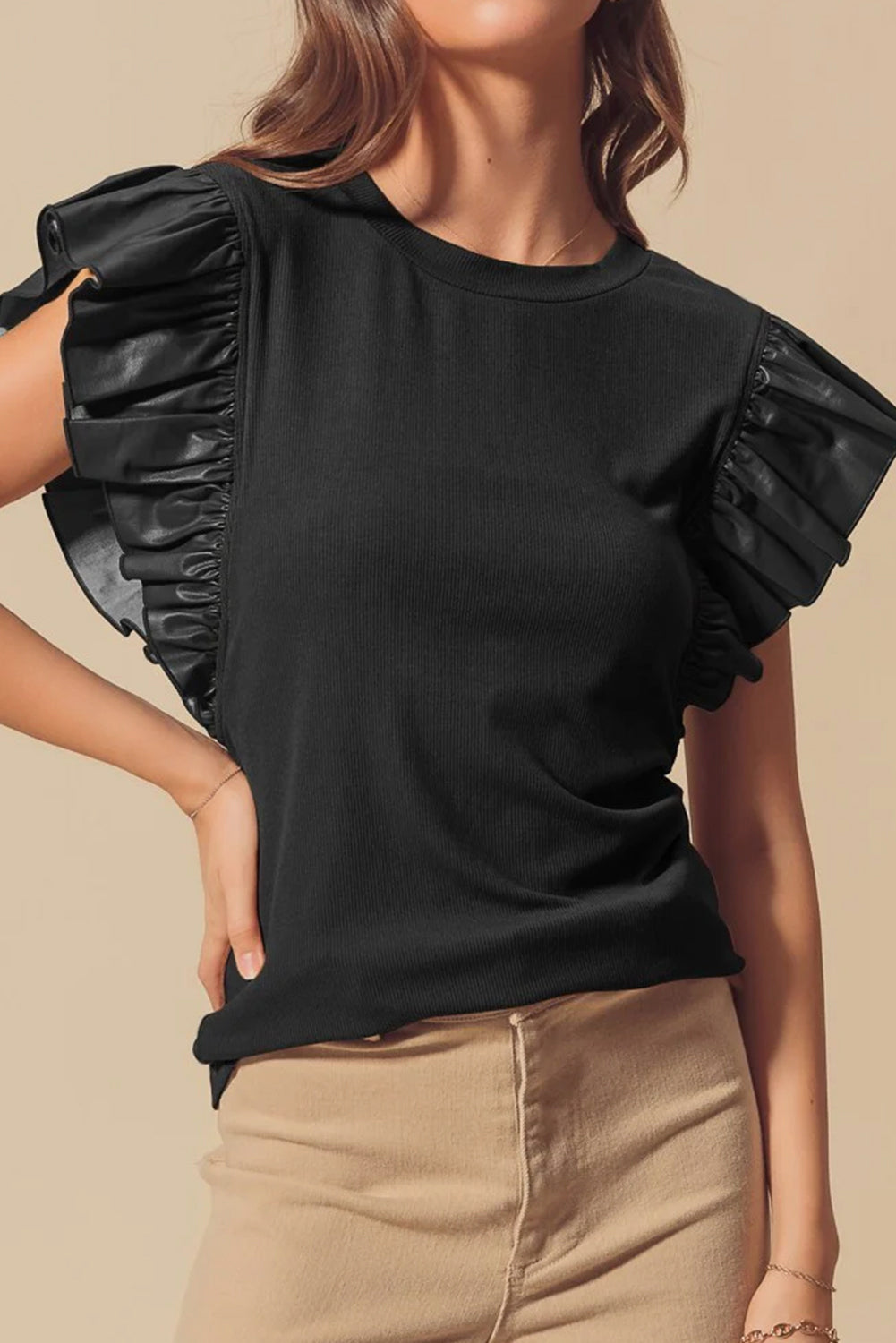 Black Leather Ruffle Sleeve Blouse