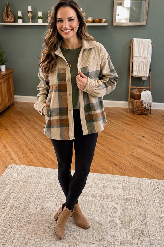 Beige Plaid Corduroy Shacket