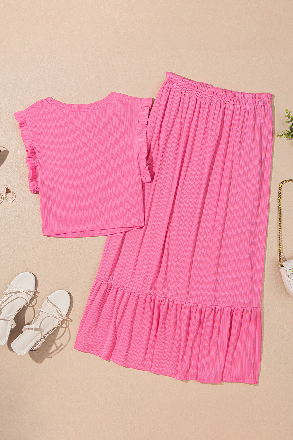 Pink Ruffle Trim Crop & Long Skirt Set