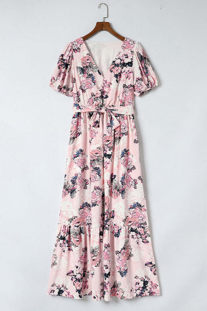 Pink Floral Puff Sleeve Maxi Dress