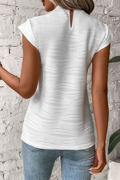 White Wavy Texture Cap Sleeve blouse