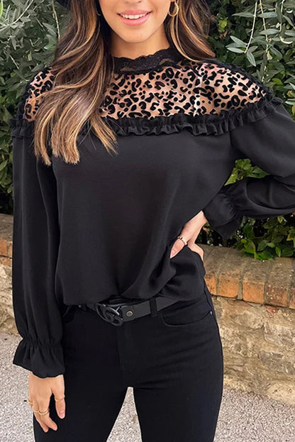 Black Leopard Ruffle Blouse